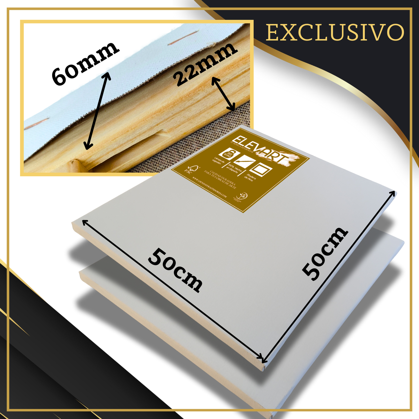 2 Lienzos de 50x50cm en 60x22mm+Lienzo Algodón 350gr/m2